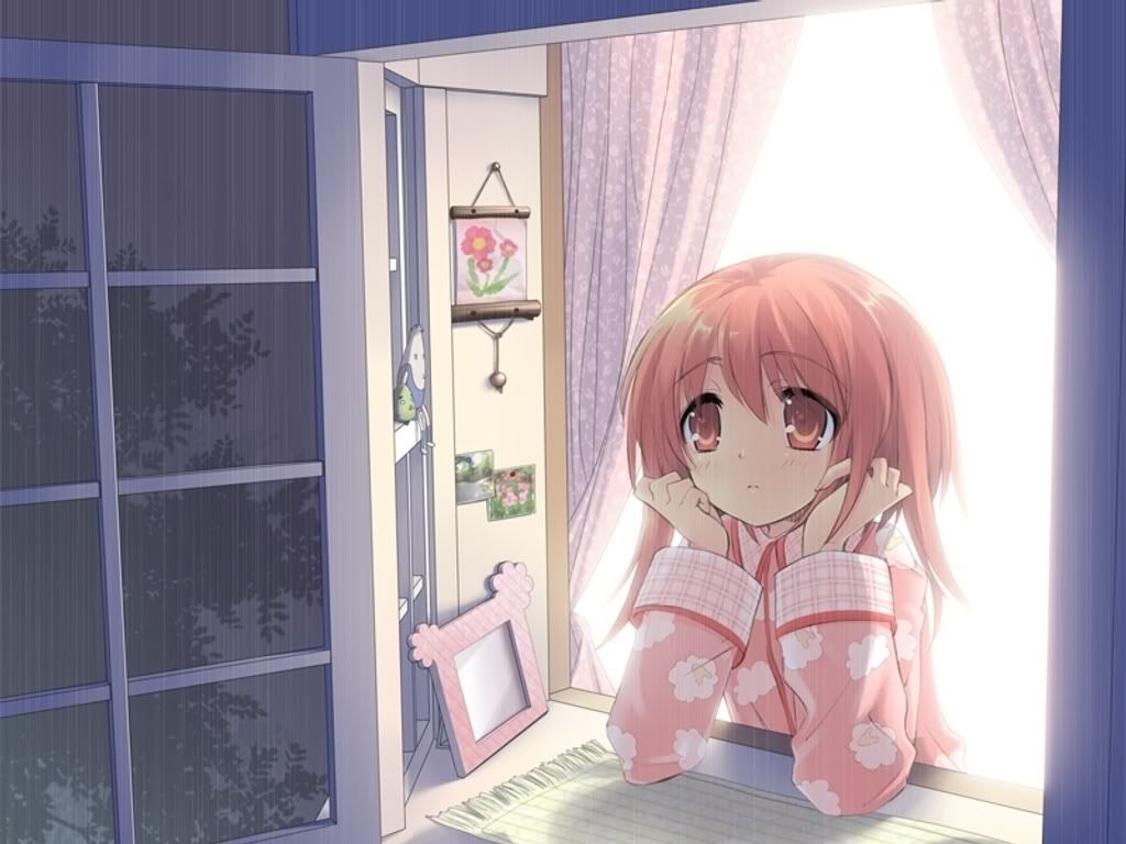 Pink haired Anime girl looking out window Pictures, Images and Photos