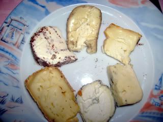 Ash cheese of some sort,Chambertin,Roquefort,Aged Goat Cheese,Livarot,Soft cheese with a mustard seed crust