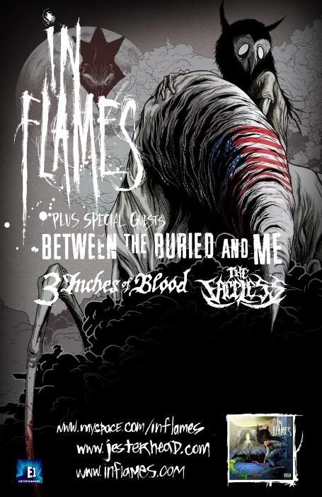 in flames