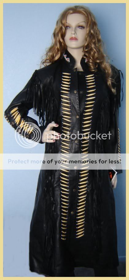 Womens SM Beaded Leather Indian Western Trench Jacket  