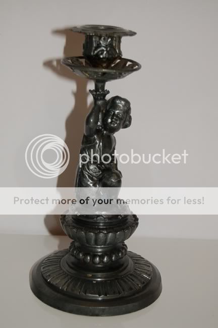 VINTAGE HUGE PEWTER CANDLESTICK WITH PUTTO ANGEL c1880  